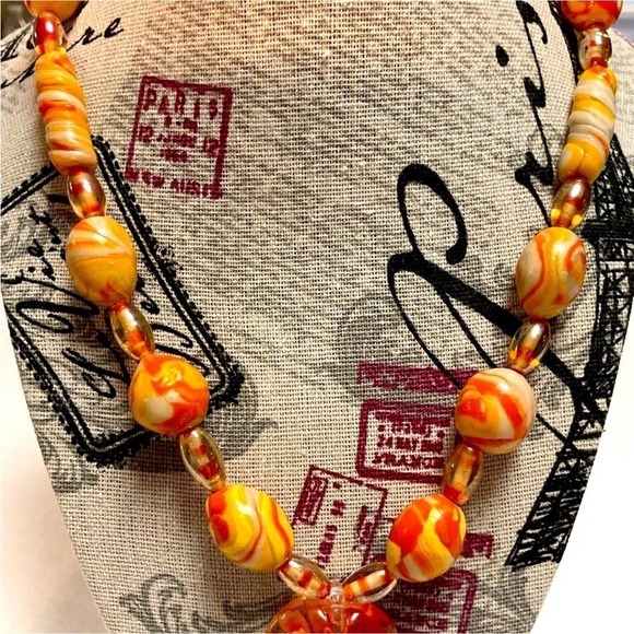 Heart Pendant Murano Style Glass Bead Necklace Orange - Picture 7 of 11